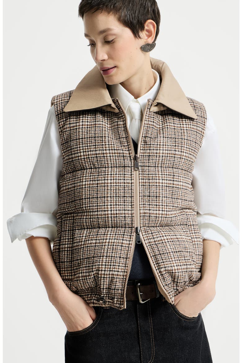 Twill and Prince of Wales reversible down vest with detchable leather collar and monili, Alternate, color, Camel