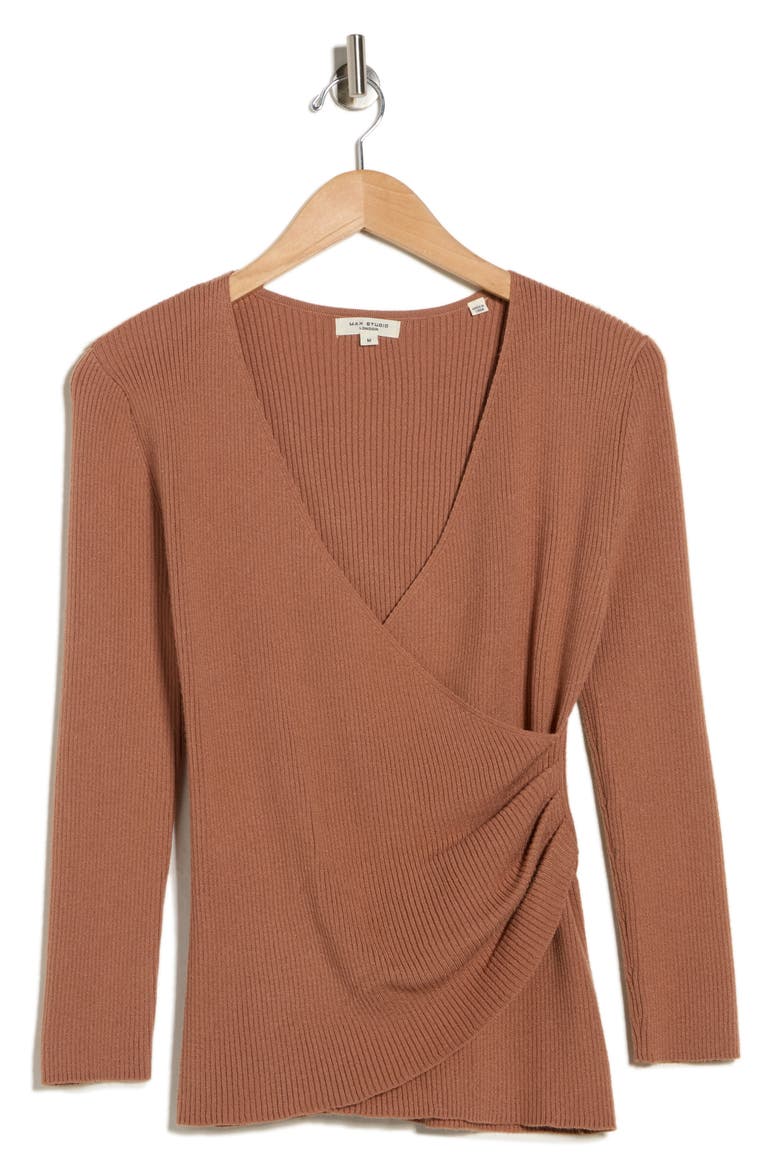 Three-Quarter Sleeve Faux Wrap Sweater, Alternate, color, ROSE GOLD