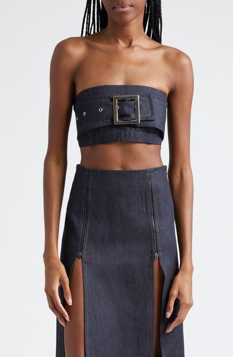 Belted Strapless Denim Crop Top