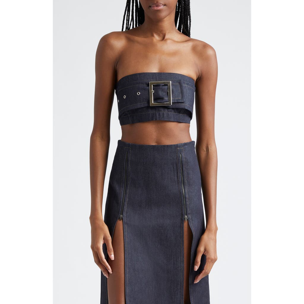 Sammy B Belted Strapless Denim Crop Top In Blue