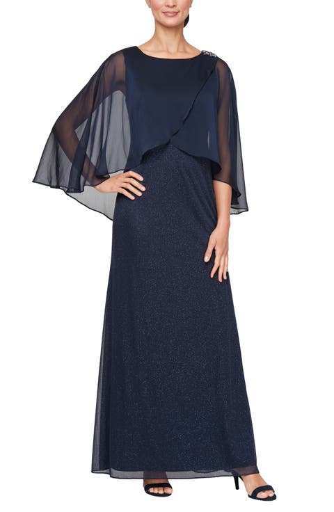 Cape Overlay Glitter Mesh Gown