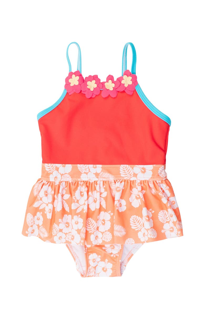 RuffleButts Girls UPF50+ Sun Protected Flower Skirted One Piece, Main, color, Island Princess