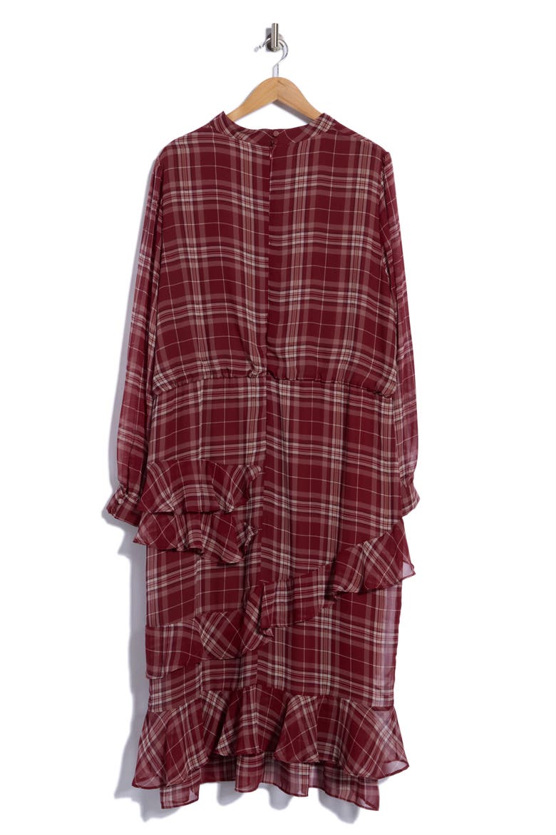 Evelyn Plaid Ruffle Long Sleeve Asymmetric Dress, Alternate, color, BURGUNDY PLAID