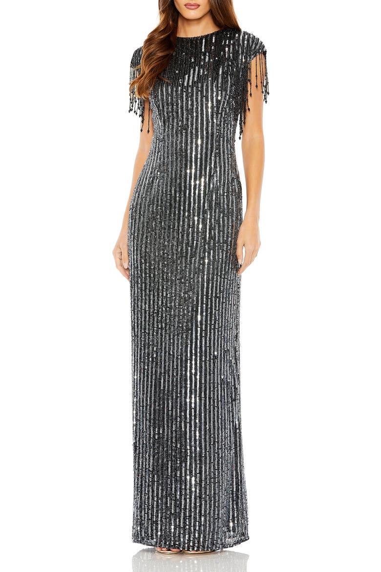 High Neck Embellished Fringe Gown, Main, color, Black