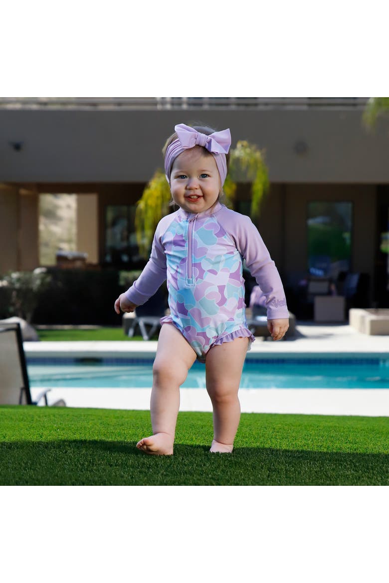 Long Sleeve Ruffle Legged Swim Suit, Alternate, color, Puzzle Hearts