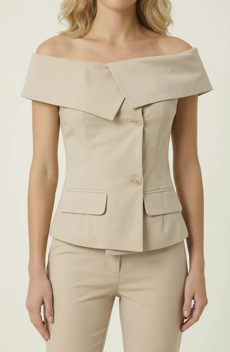 Modenaire Off Shoulder Tailored Top with Foldover Collar and Button Front, Main, color, Beige