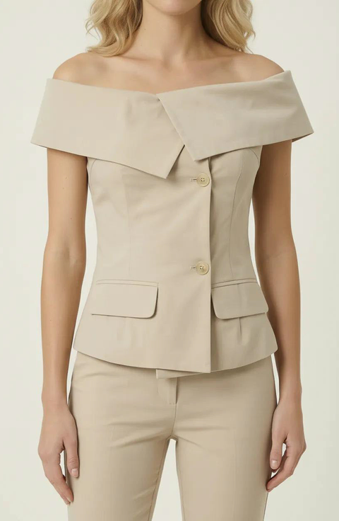 Off Shoulder Tailored Top with Foldover Collar and Button Front