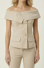 Modenaire Off Shoulder Tailored Top with Foldover Collar and Button Front