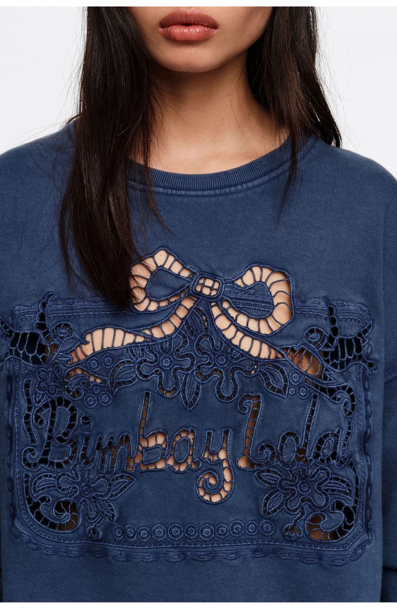 Bimba y Lola Faded Sweatshirt With Maxi Broderie Anglaise Logo, Alternate, color, Blue