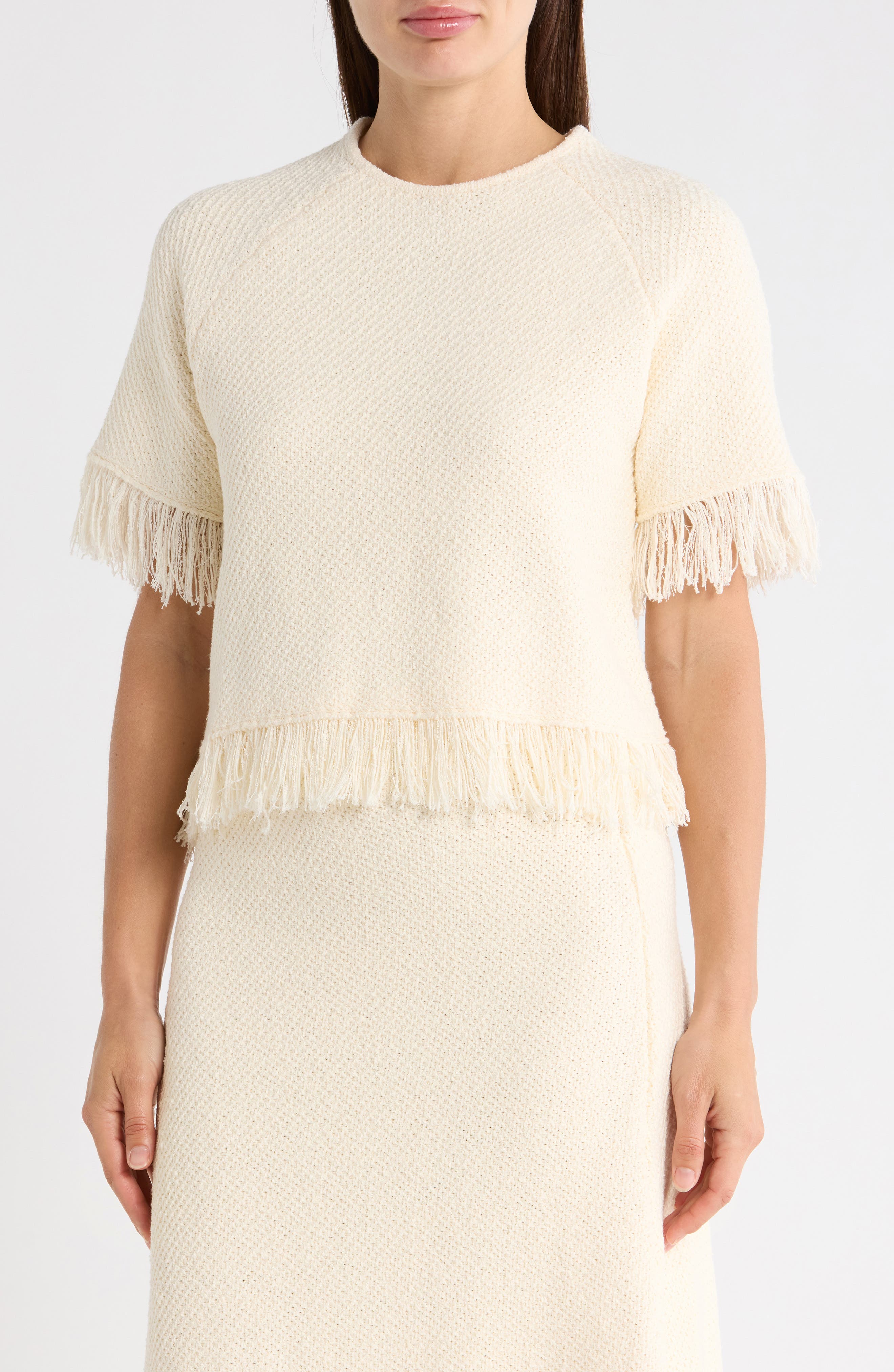 Adrianna Papell Short Sleeve Fringe Sweater