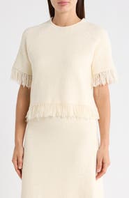 Adrianna Papell Short Sleeve Fringe Sweater