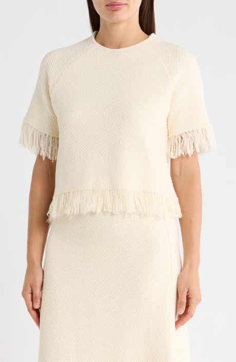 Adrianna Papell Short Sleeve Fringe Sweater