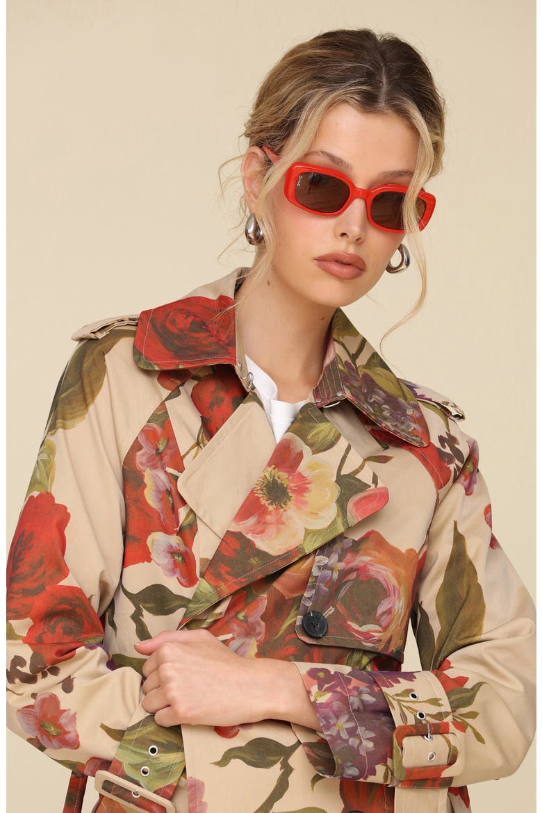 Rose Print Belted Double Breasted Cotton Blend Trench Coat, Alternate, color, TAN PORTOFINO ROSE