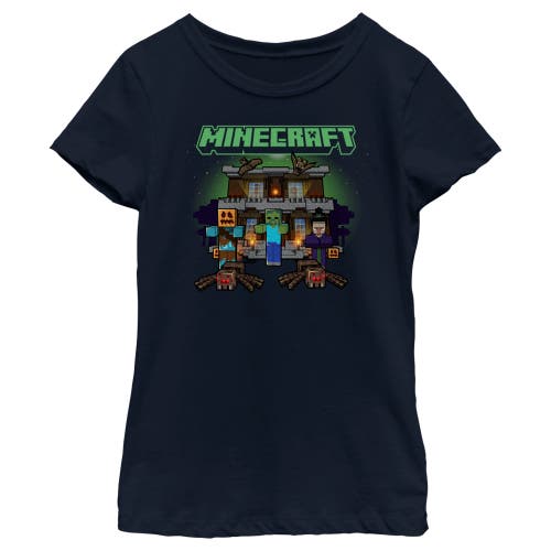 Minecraft Girl's Halloween Creeper Haunted House Graphic T-shirt In Green