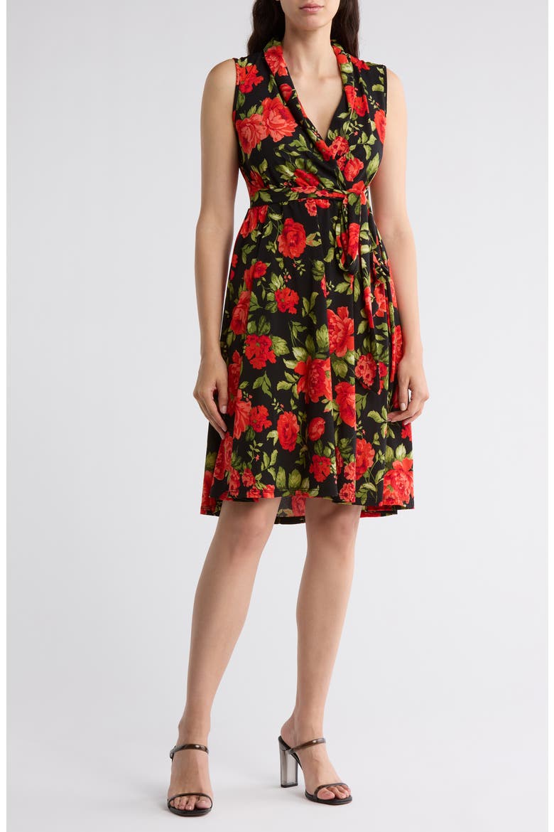 Ezra Floral Sleeveless Faux Wrap Dress, Main, color, CARNATION