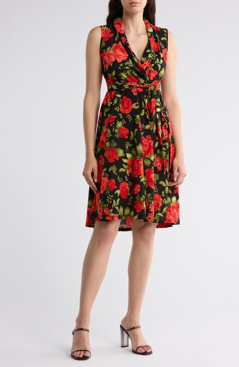 Love By Design Ezra Floral Sleeveless Faux Wrap Dress, Main, color, Carnation