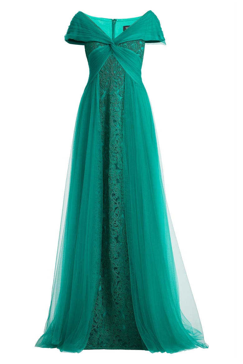 Lace & Tulle Gown, Alternate, color, EMERALD