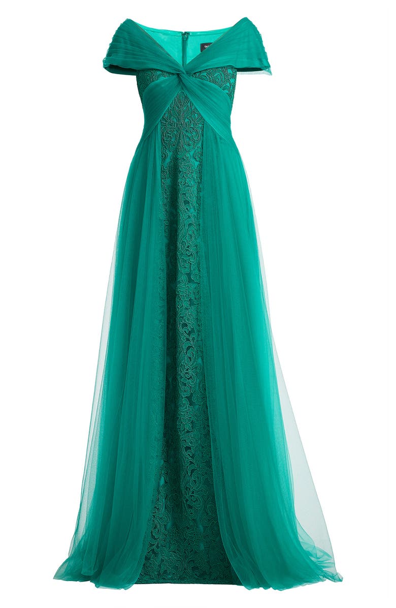 Tadashi Shoji Lace & Tulle Gown, Alternate, color, Emerald