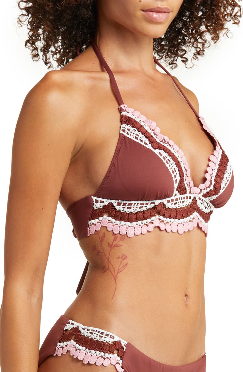 Becca Delilah Crochet Trim Halter Bikini Top, Alternate, color, 