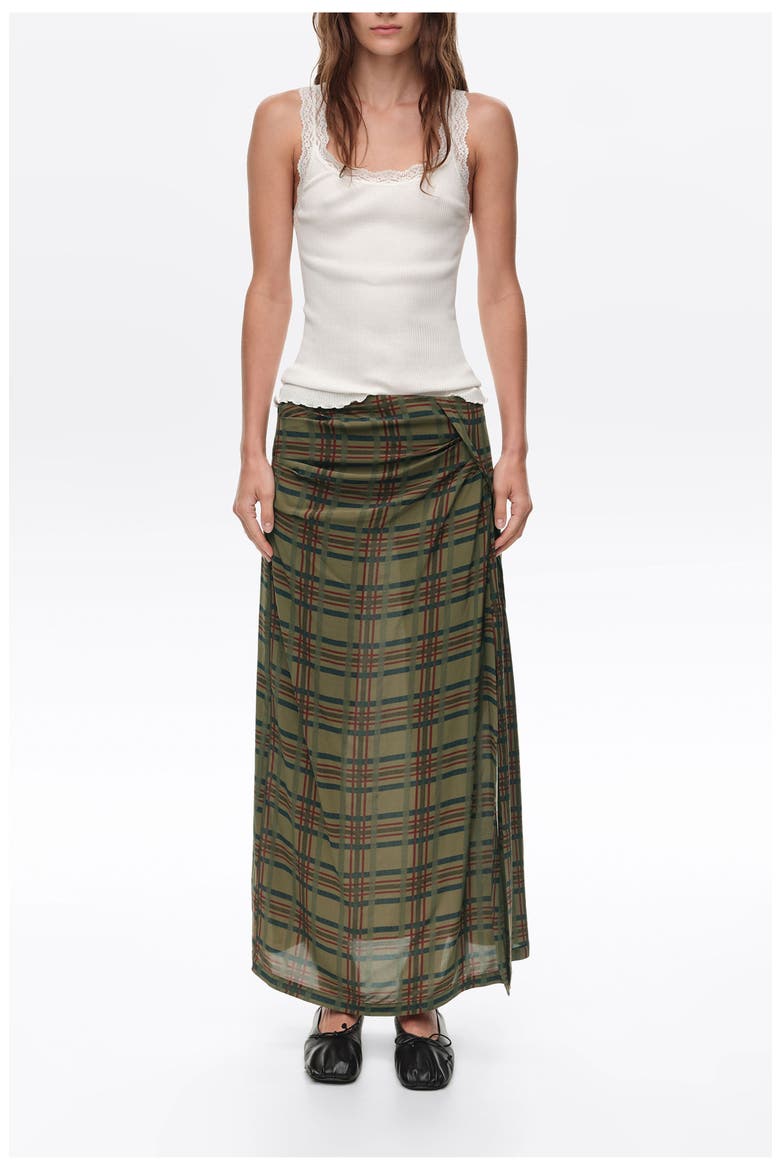 Checked Gathered Fluid Midi Skirt, Main, color, KHAKI