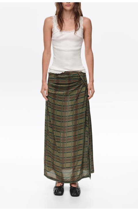 Checked Gathered Fluid Midi Skirt