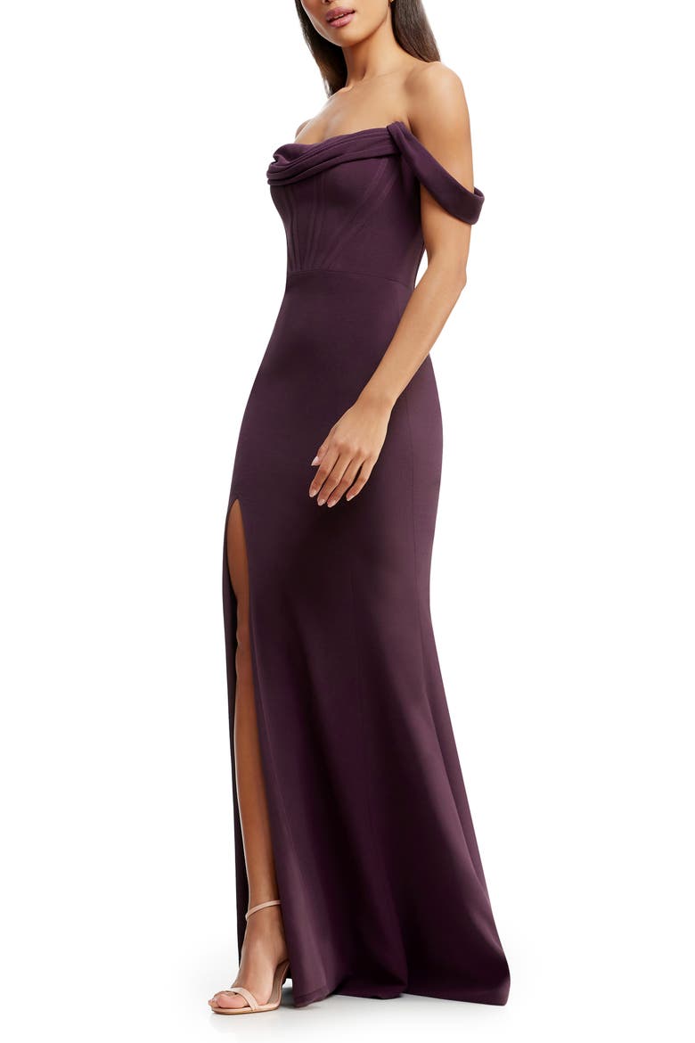 Melania Off the Shoulder Gown, Main, color, MIDNIGHT PLUM
