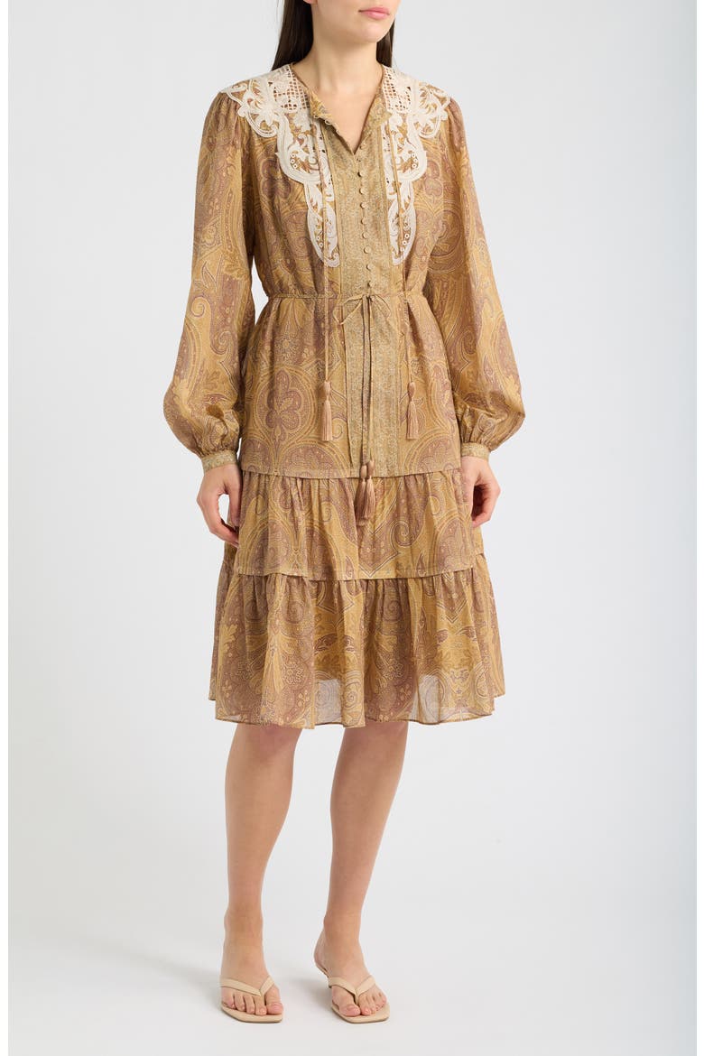 Lace Detail Paisley Tiered Cotton Dress, Main, color, ECRU MULTI