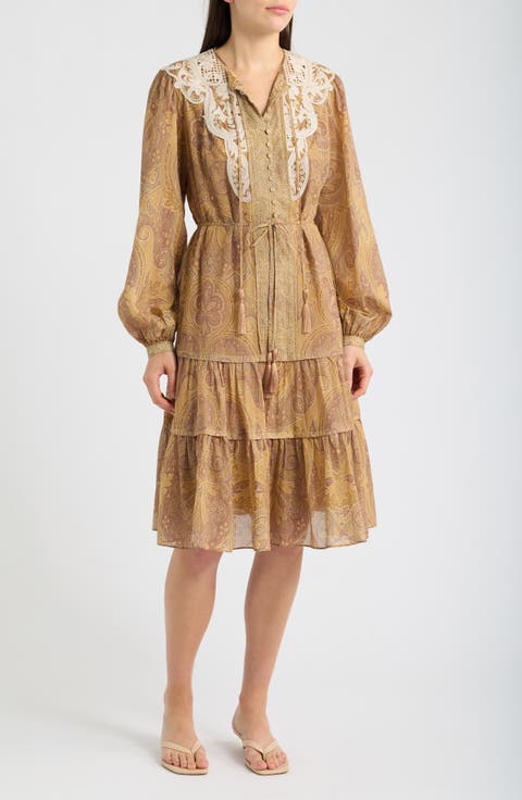 Lace Detail Paisley Tiered Cotton Dress