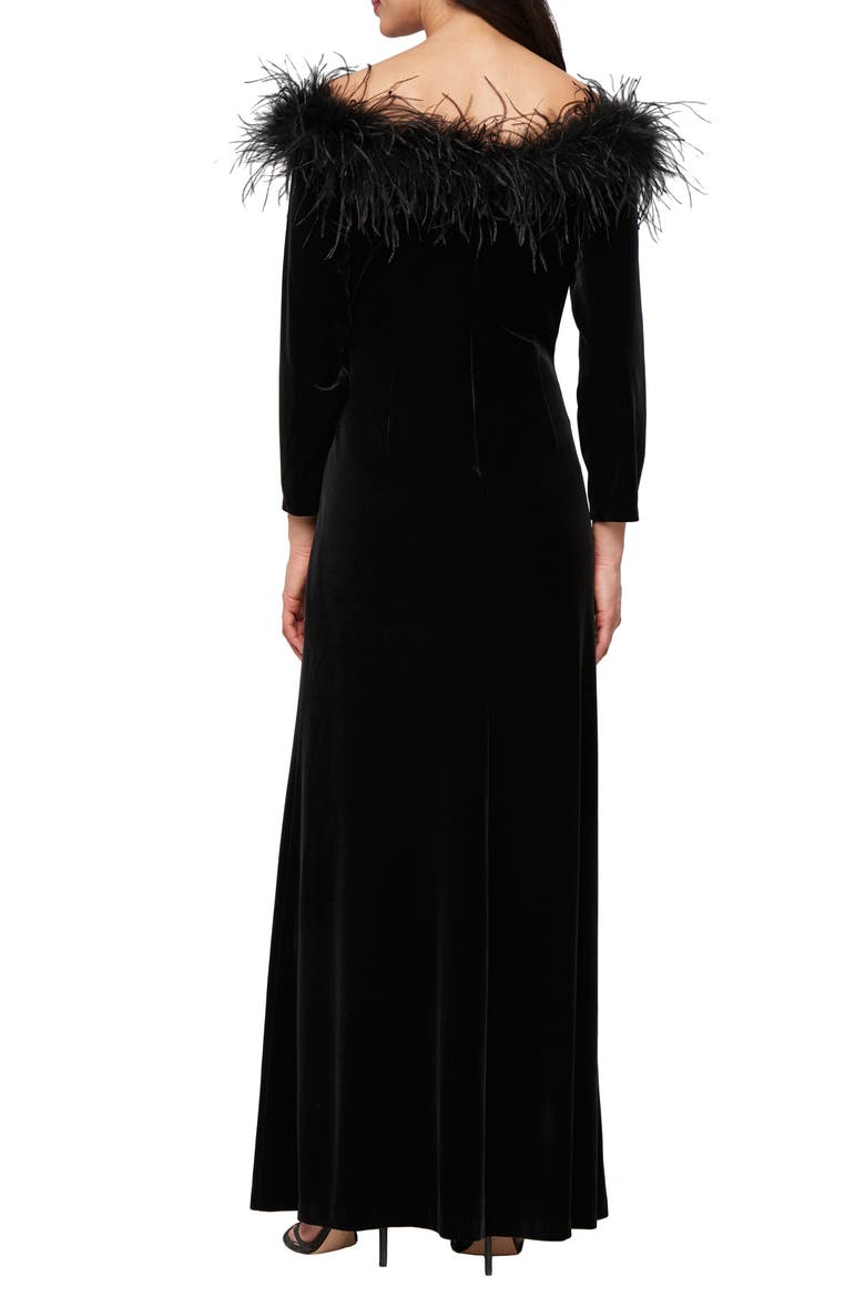 Maribou Detail Off the Shoulder Long Sleeve Velvet Gown, Alternate, color, BLACK