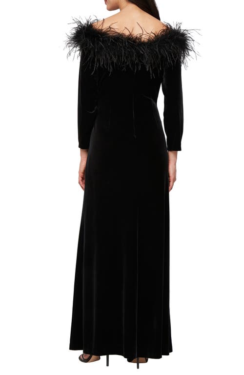 Alex Evenings Maribou Detail Off The Shoulder Long Sleeve Velvet Gown In Black