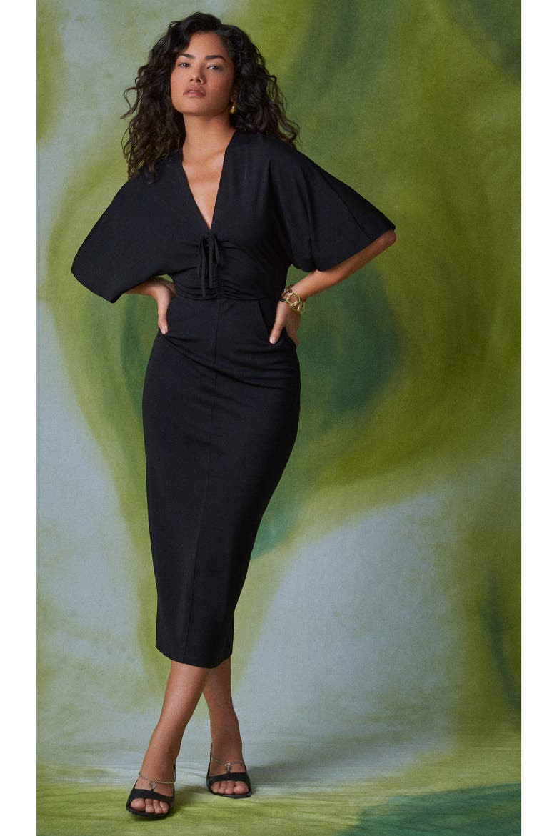 Valerie Tie Front Midi Dress, Alternate, color, BLACK
