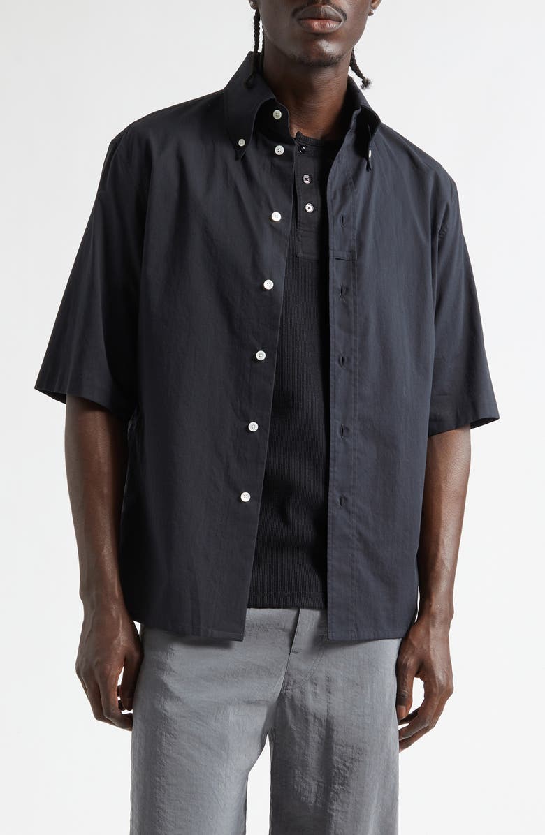 Lemaire Short Sleeve Cotton Muslin Button-Down Shirt, Main, color, Squid Ink