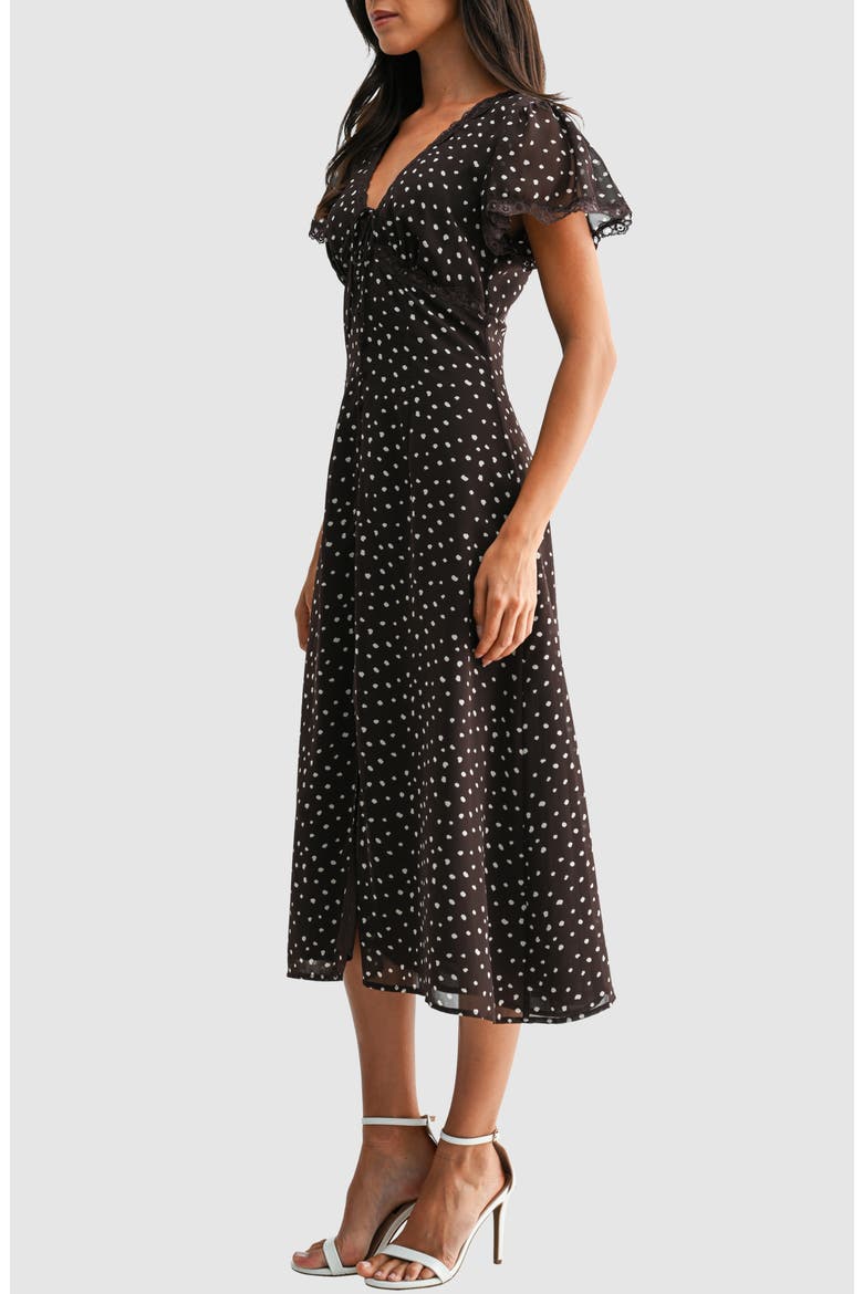 Flutter Sleeve Fit & Flare Midi Dress, Alternate, color, BROWN CREAM
