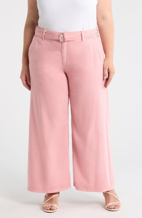 Stride Belted High Waist Ankle Wide Leg Jeans (Misty Blush) (Plus)