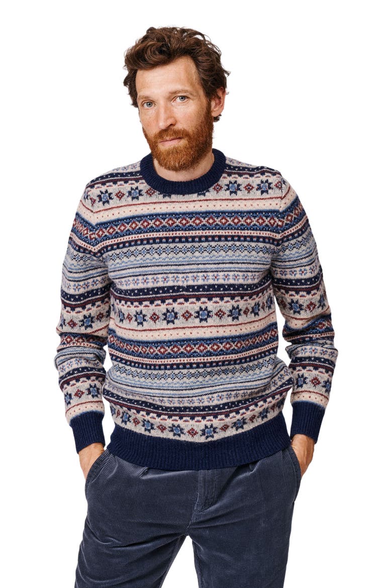 Fair Isle Crew Neck Wool Sweater, Main, color, Blue/Ecru Mix