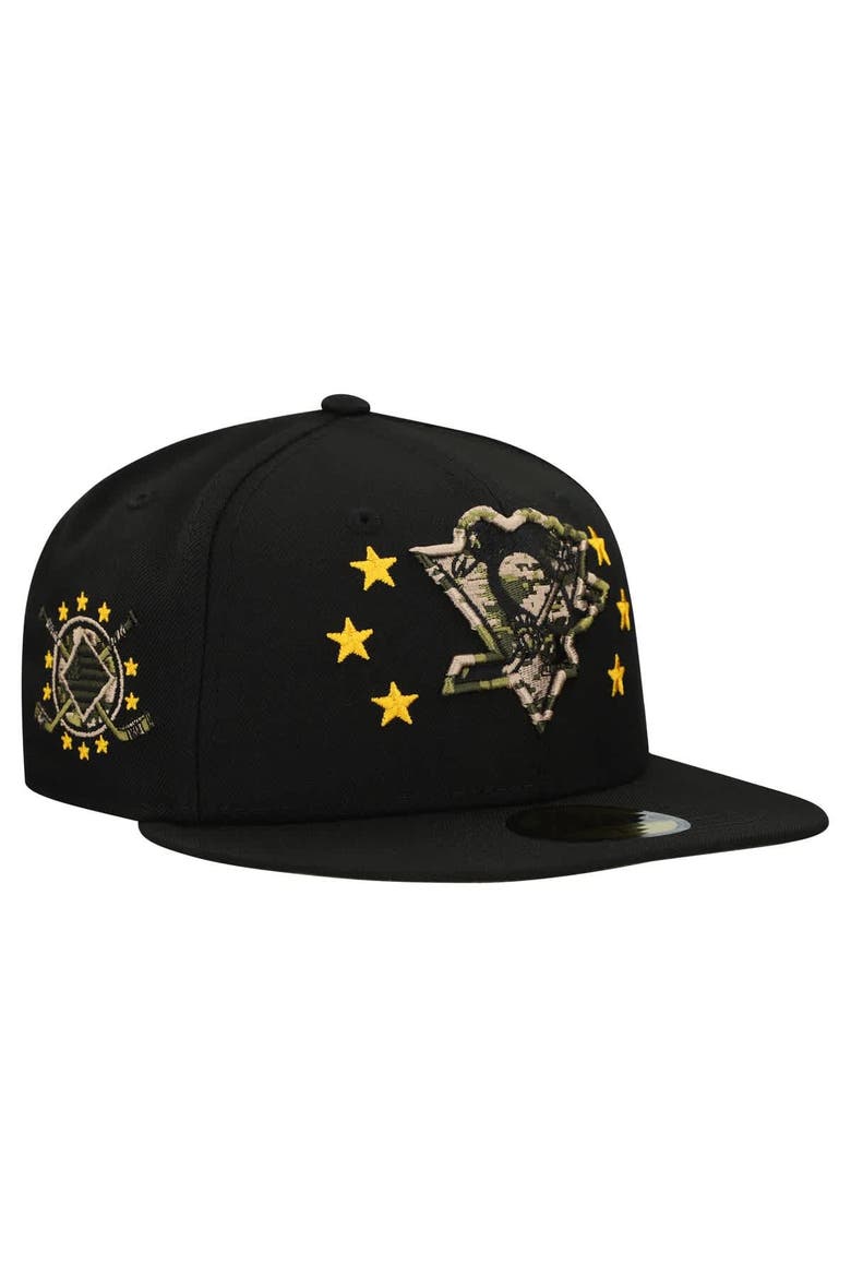 Men's New Era  Black Pittsburgh Penguins Military Appreciation Digital Camo Stars 59FIFTY Fitted Hat, Main, color, Black