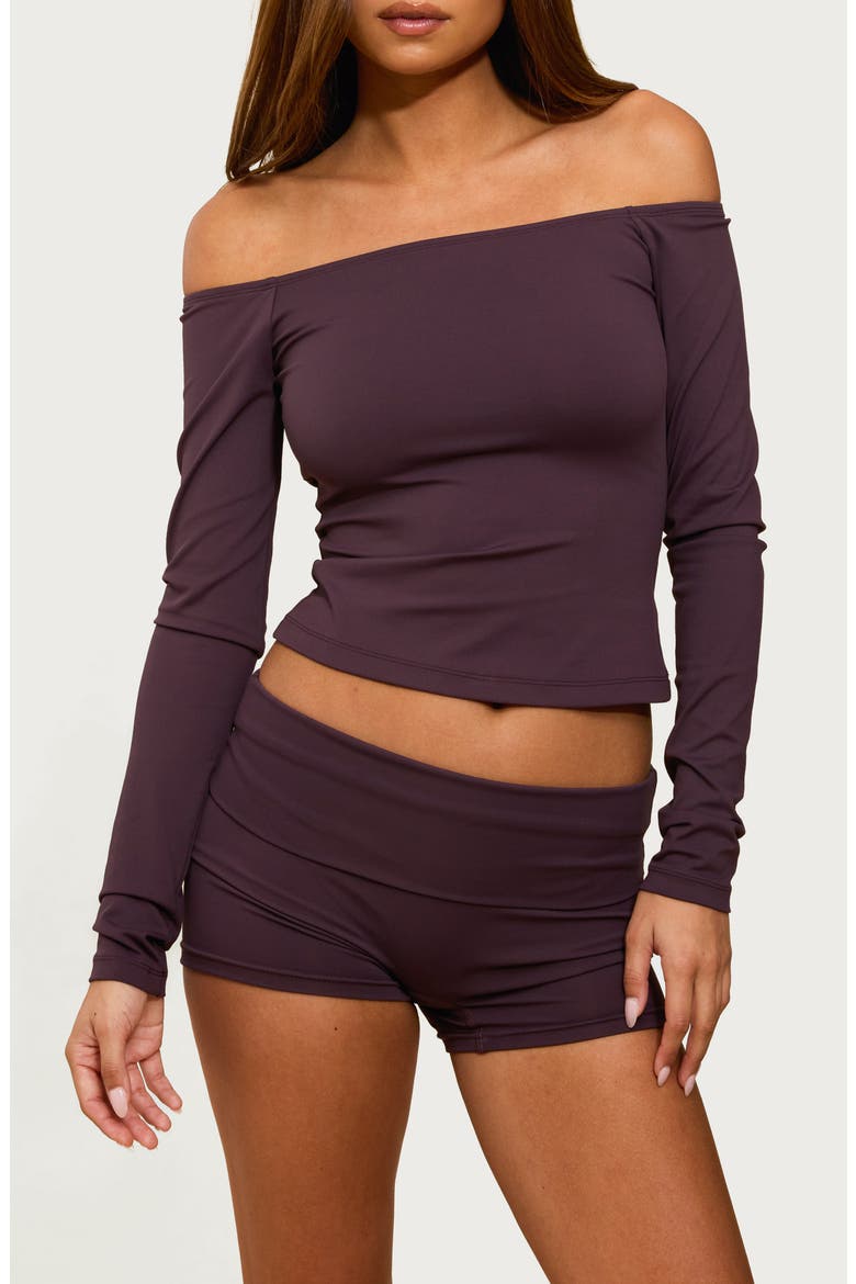 Tezia Off the Shoulder Long Sleeve Crop Top, Main, color, PLUM