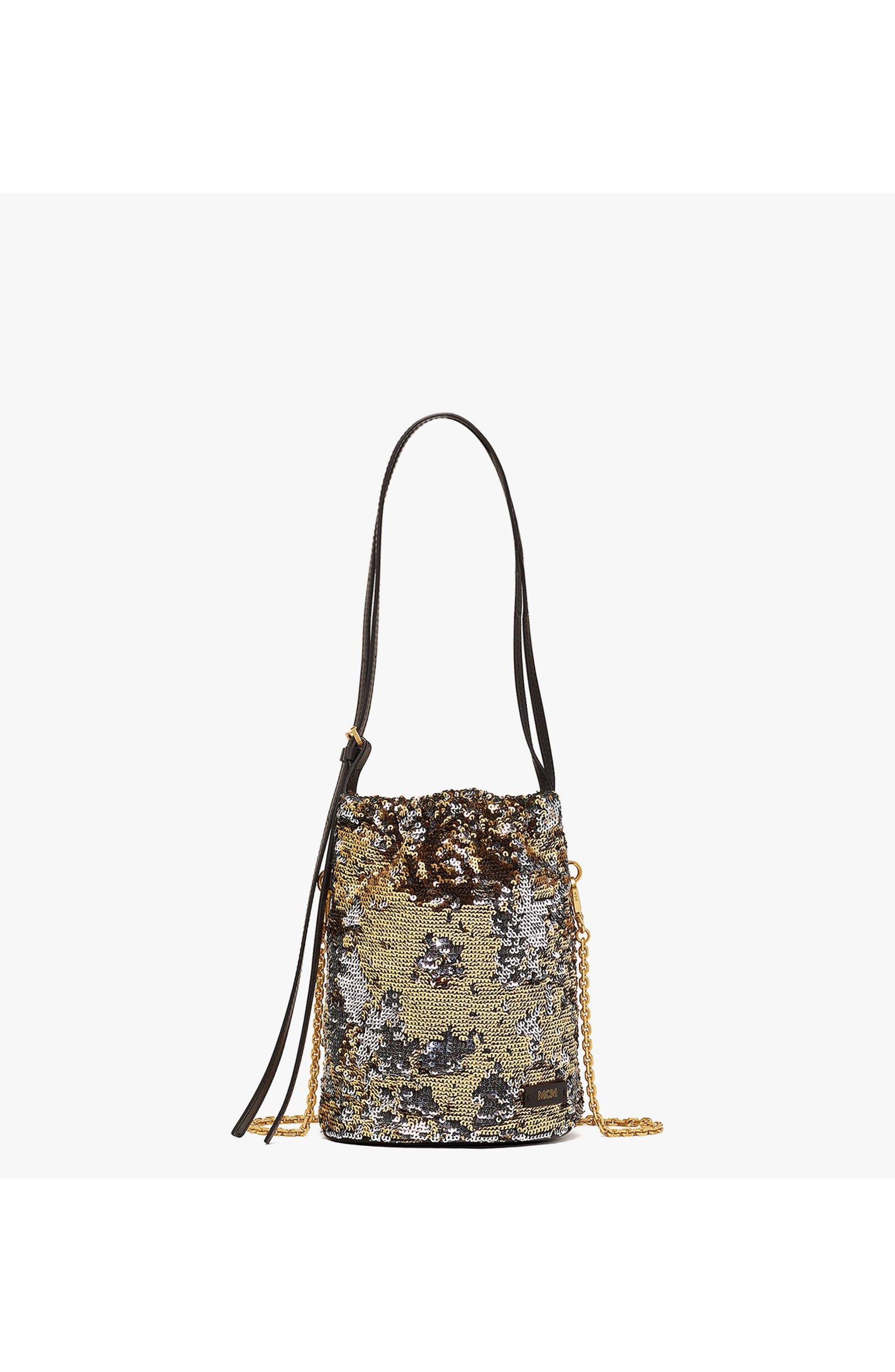 MCM Himmel Sequin Drawstring Bag, Main, color, Gold