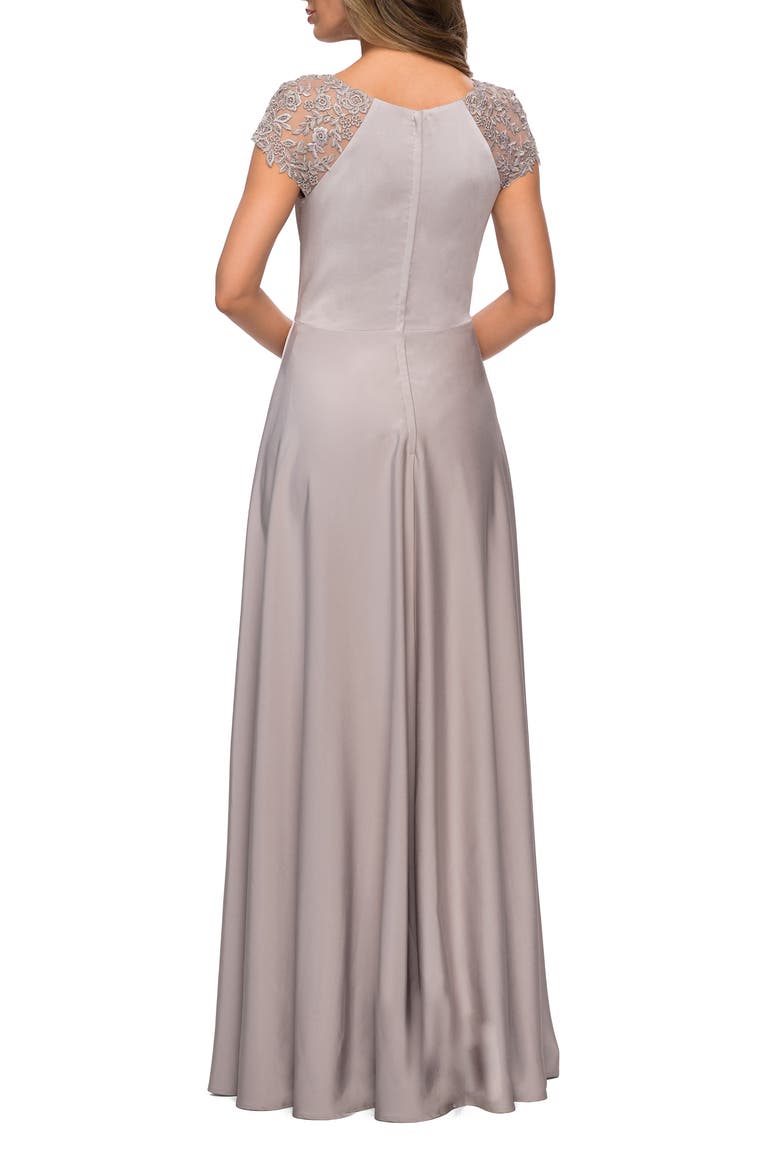 Long Satin Dress with Sheer Floral Lace Cap Sleeves, Alternate, color, Silver