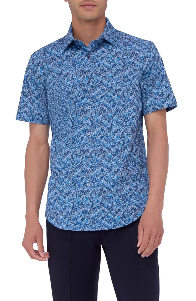 Bugatchi Myron OoohCotton<sup>®</sup> Bird of Paradise Print Short Sleeve Button-Up Shirt, Main, color,