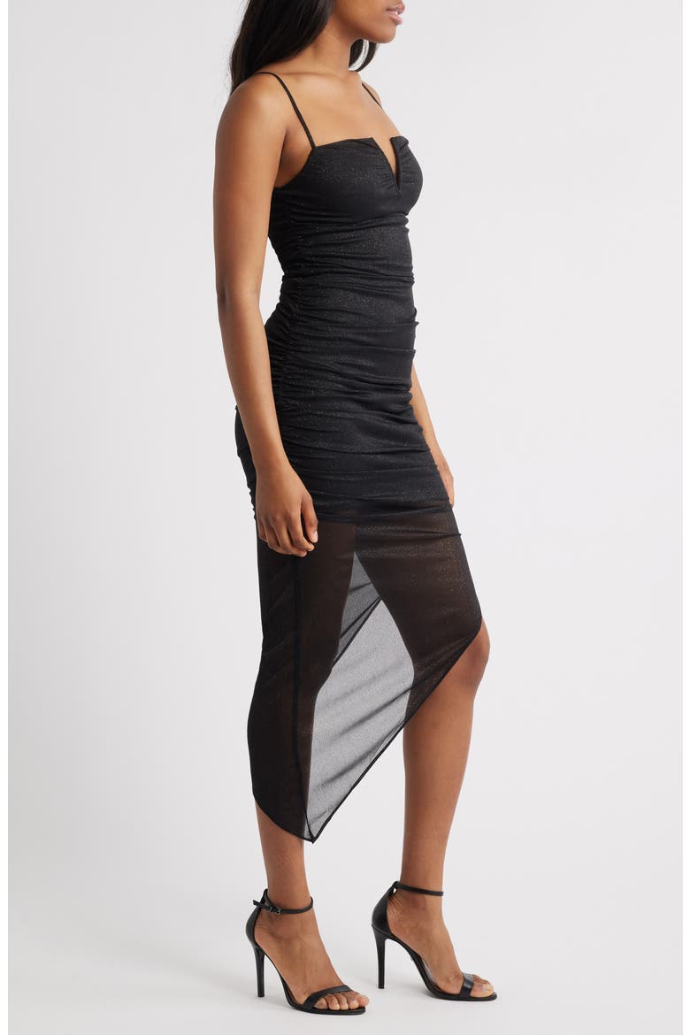 Glitter Asymmetric Hem Mesh Cocktail Dress, Alternate, color, BLACK
