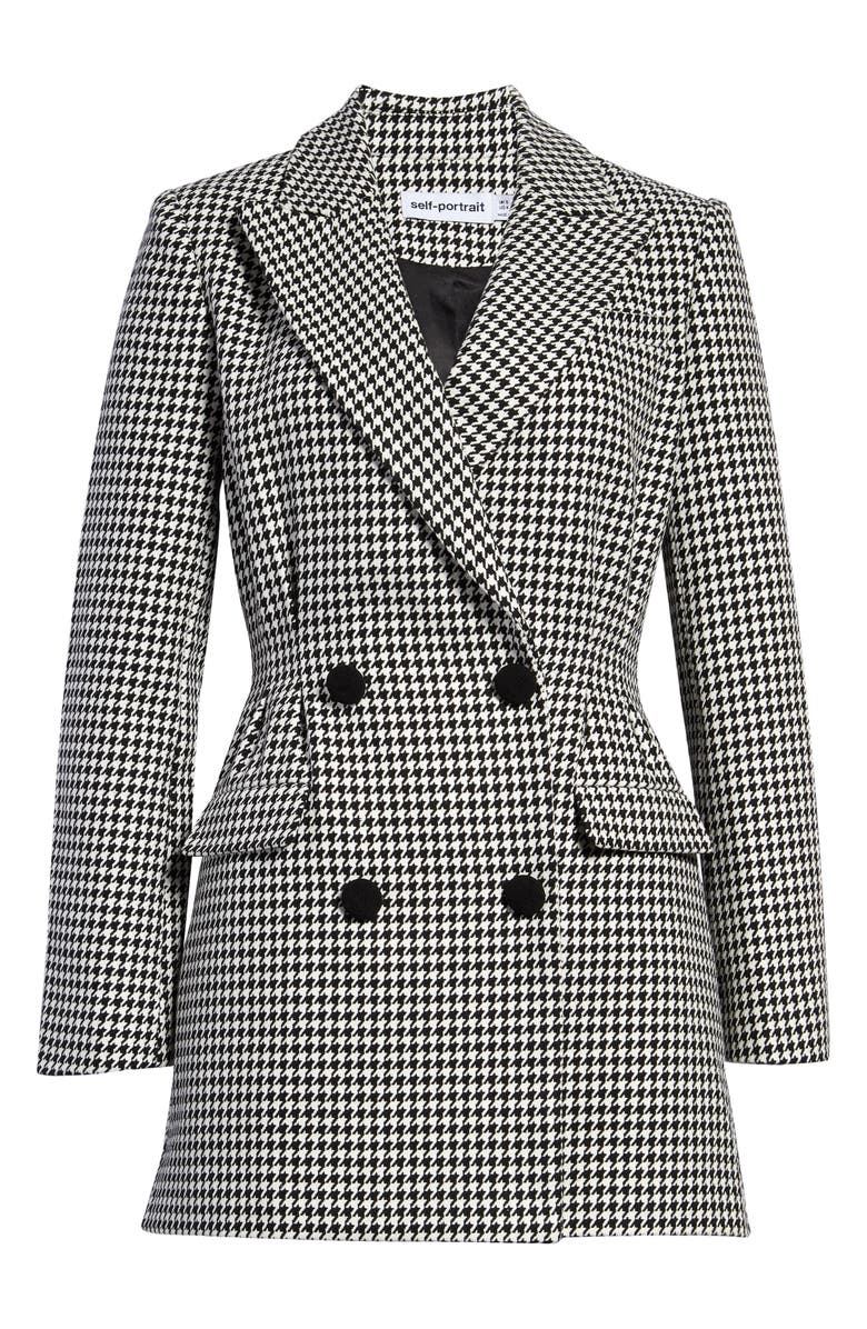 Self-Portrait Houndstooth Double Breasted Long Sleeve Cotton Blazer Minidress, Alternate, color, 
