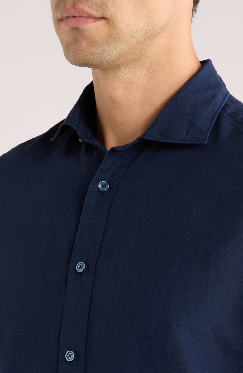 Bugatchi Axel Shaped Fit Linen Button-Up Shirt, Alternate, color, Navy