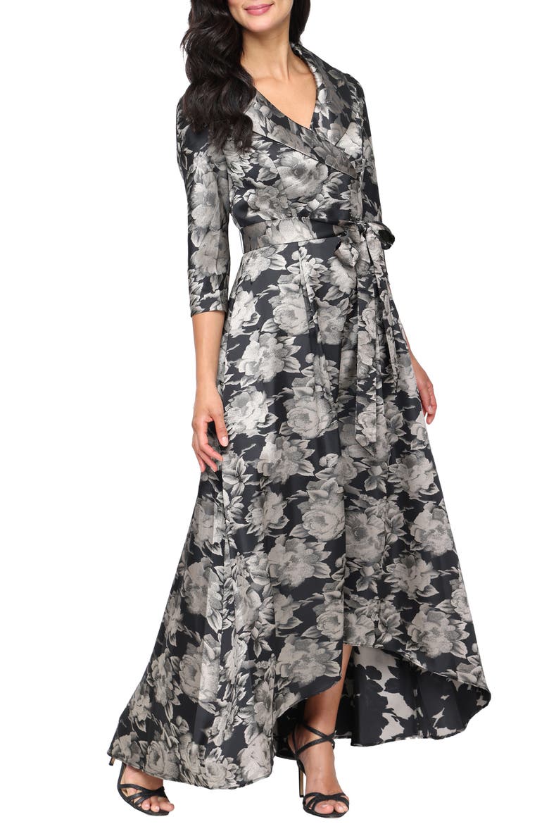 Floral Jacquard High-Low Gown, Main, color, BLACK/ TAUPE