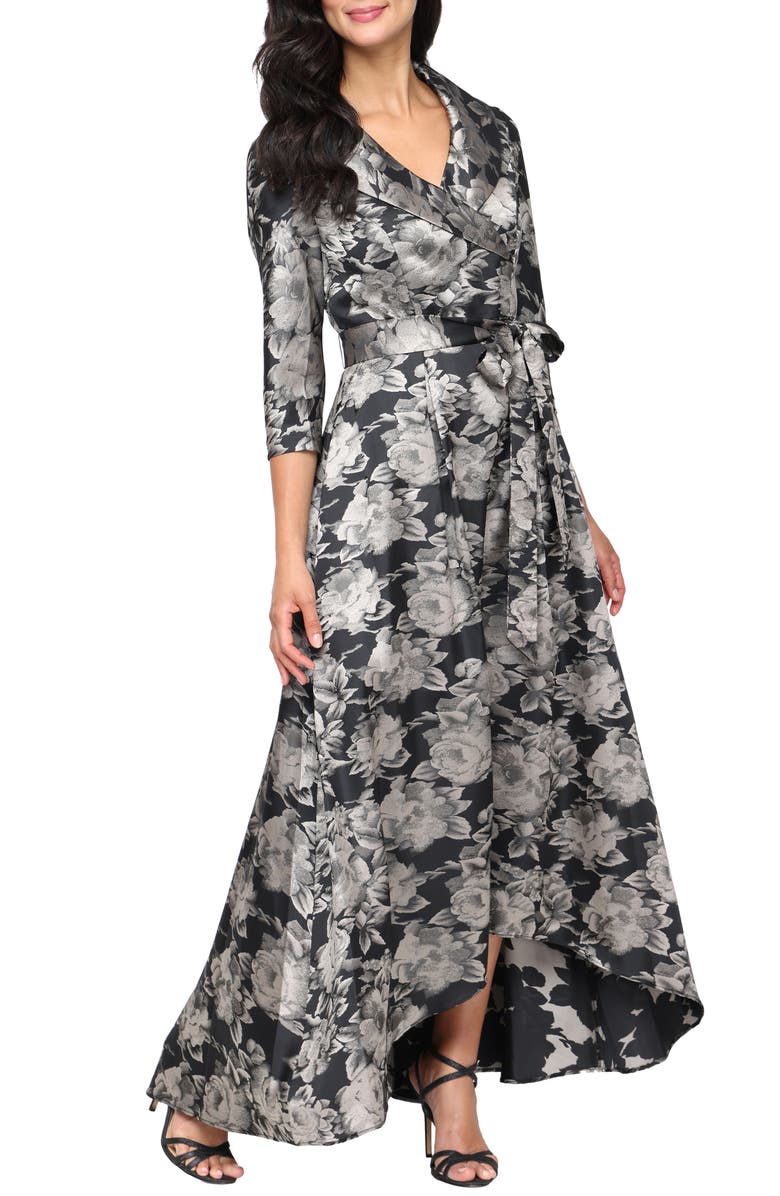 Alex Evenings Floral Jacquard High-Low Gown, Main, color, Black/ Taupe