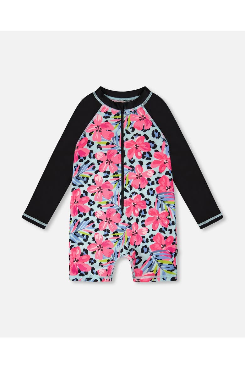 One-Piece Long Sleeve Floral and Leopard Rashguard, Main, color, Blue Floral and Leopard Print