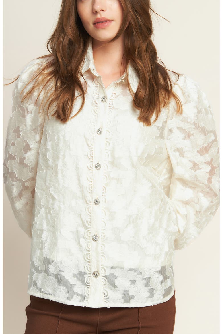 Floral Jacquard Button Front Shirt, Alternate, color, IVORY