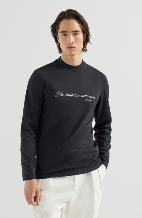 Cotton Jersey Long Sleeve Mock Neck T-shirt With Embroidery