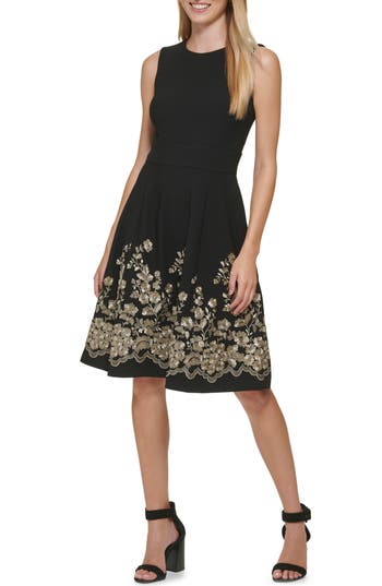 Calvin Klein Petites Womens Embroidered Mini Fit & Flare Dress In Black