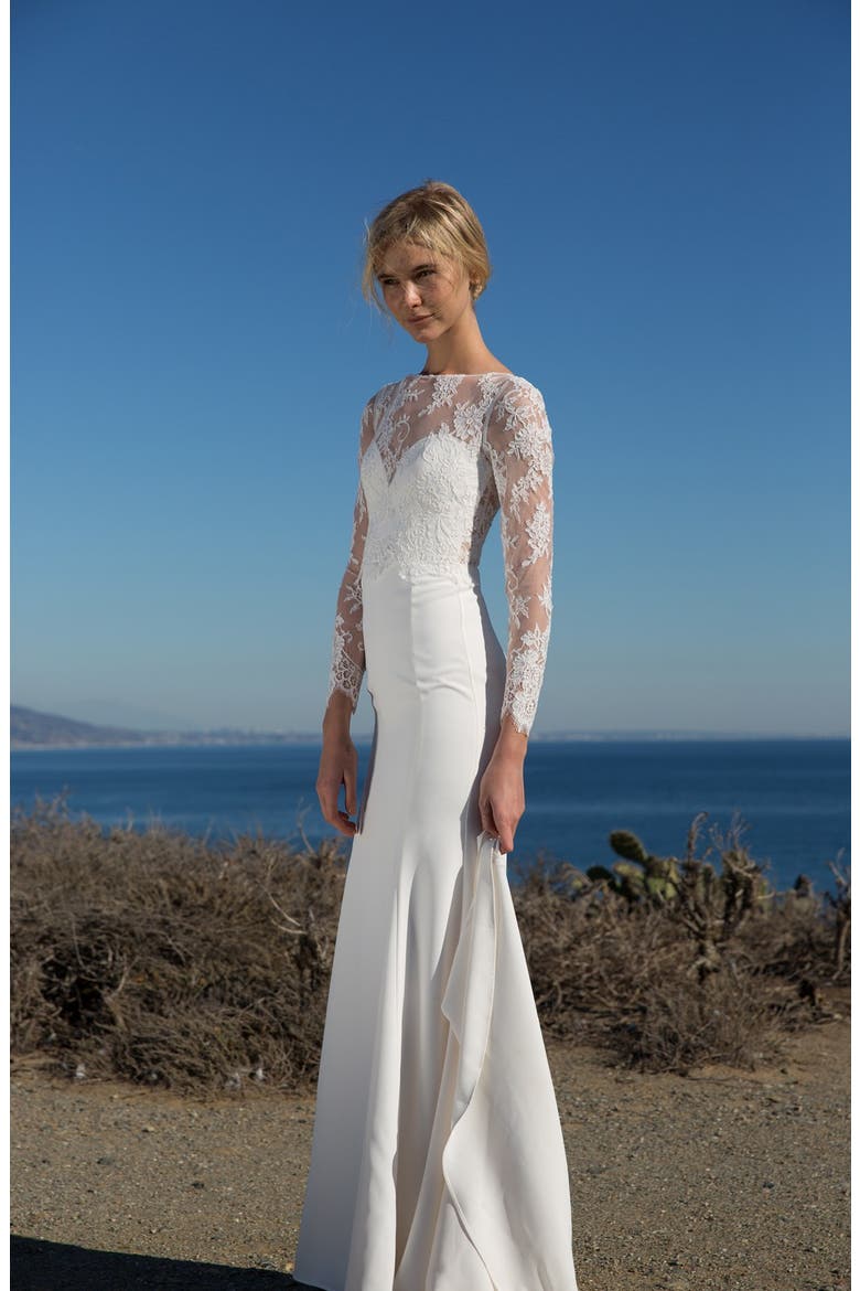 Noelle Long Sleeve Lace & Crepe Gown, Alternate, color, IVORY